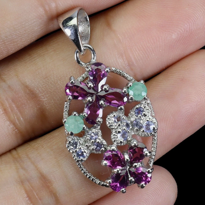 925 Sterling Silver Pendant Rhodolite Emerald Tanzanite