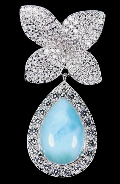 NEW Natural Dominican Larimar 925 Silver Pendant Earrings Set 14K WG Plated