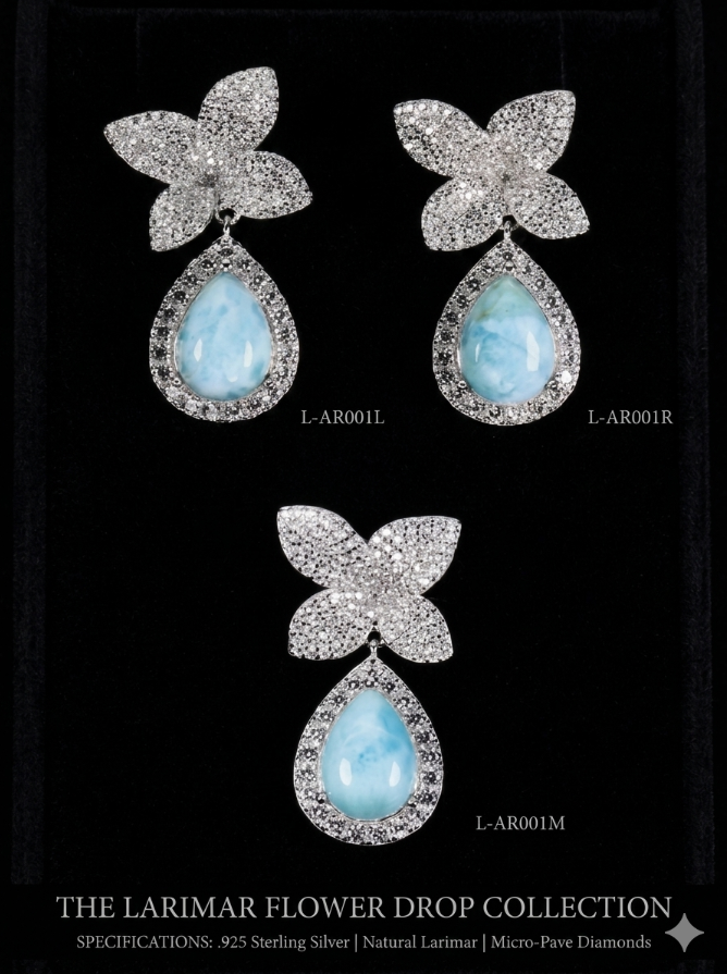 NEW Natural Dominican Larimar 925 Silver Pendant Earrings Set 14K WG Plated