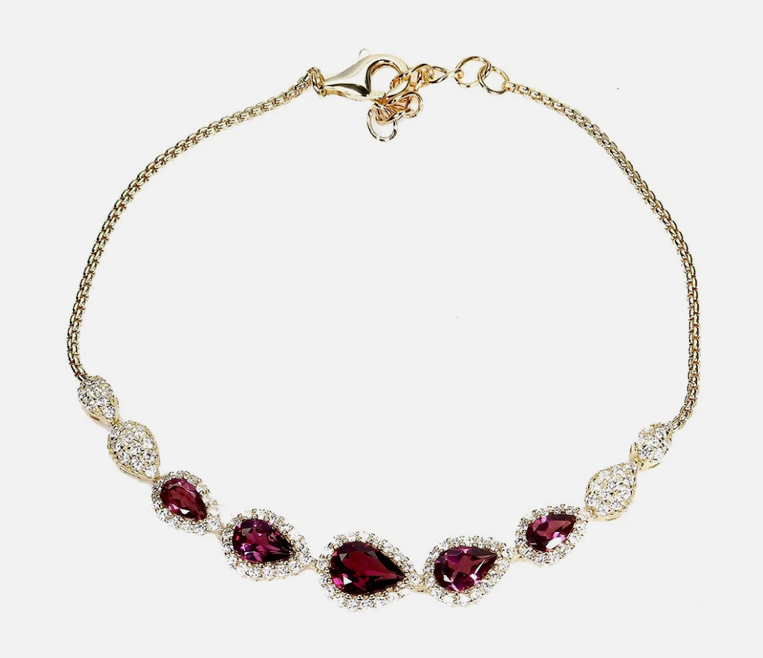 Natural Pink Rhodolite Garnet Teardrop Bracelet 14K Plated 925 Sterling Silver Halo