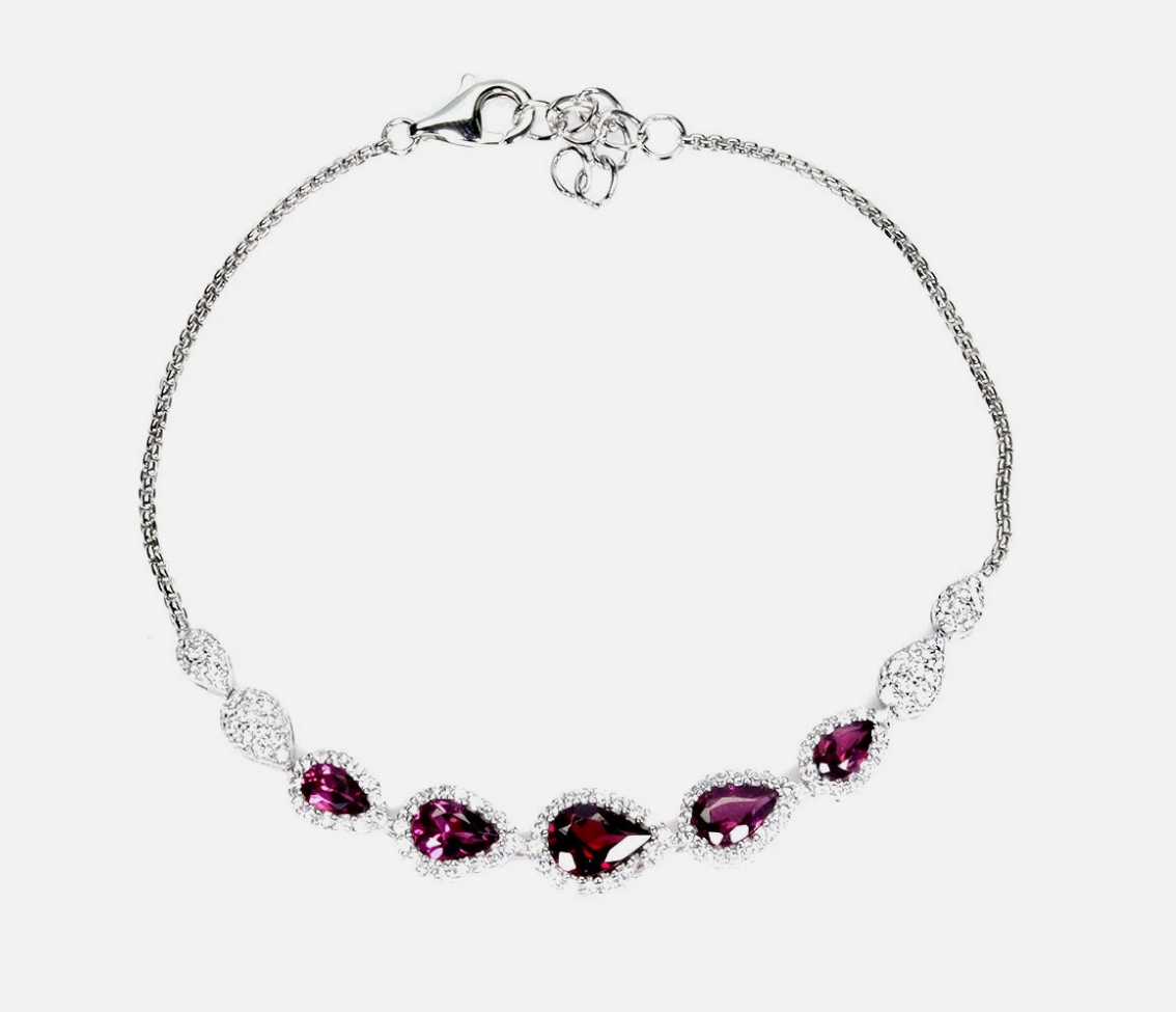 Natural Pink Rhodolite Garnet Teardrop Bracelet 14K Plated 925 Sterling Silver Halo