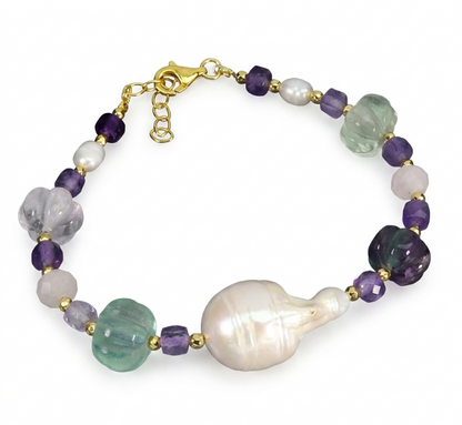 Natural Afghan Carved Fluorite & Baroque Pearl Bracelet 14K Gold Plated 925 Silver