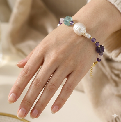 Natural Afghan Carved Fluorite & Baroque Pearl Bracelet 14K Gold Plated 925 Silver
