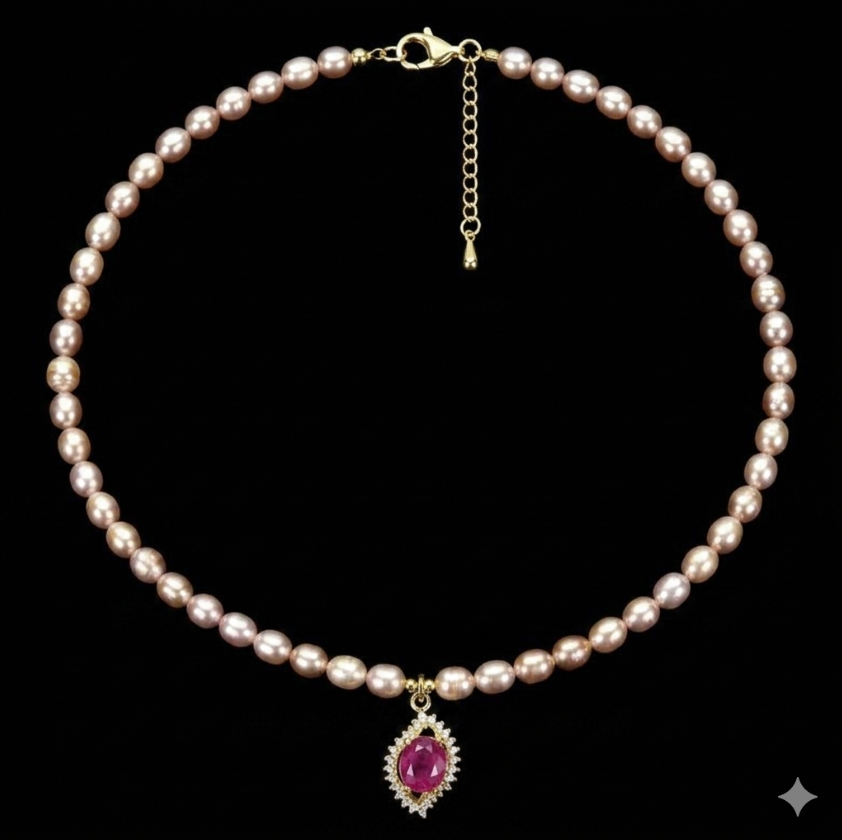 Natural Pink Freshwater Pearl Necklace Glass-Filled Ruby CZ Pendant 14K Gold 925 Silver