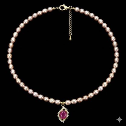 Natural Pink Freshwater Pearl Necklace Glass-Filled Ruby CZ Pendant 14K Gold 925 Silver