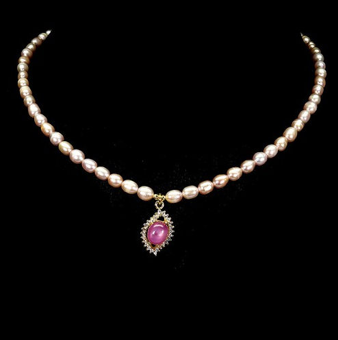 Natural Pink Freshwater Pearl Necklace Glass-Filled Ruby CZ Pendant 14K Gold 925 Silver