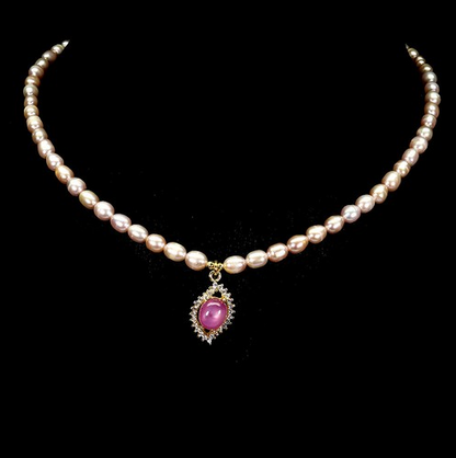 Natural Pink Freshwater Pearl Necklace Glass-Filled Ruby CZ Pendant 14K Gold 925 Silver