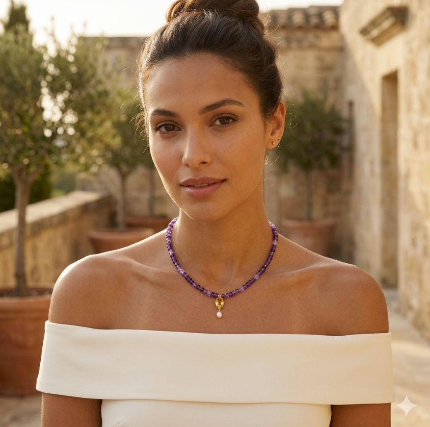 Natural Brazilian Amethyst & Citrine 14K Gold Plated 925 Silver Pearl Necklace 19"
