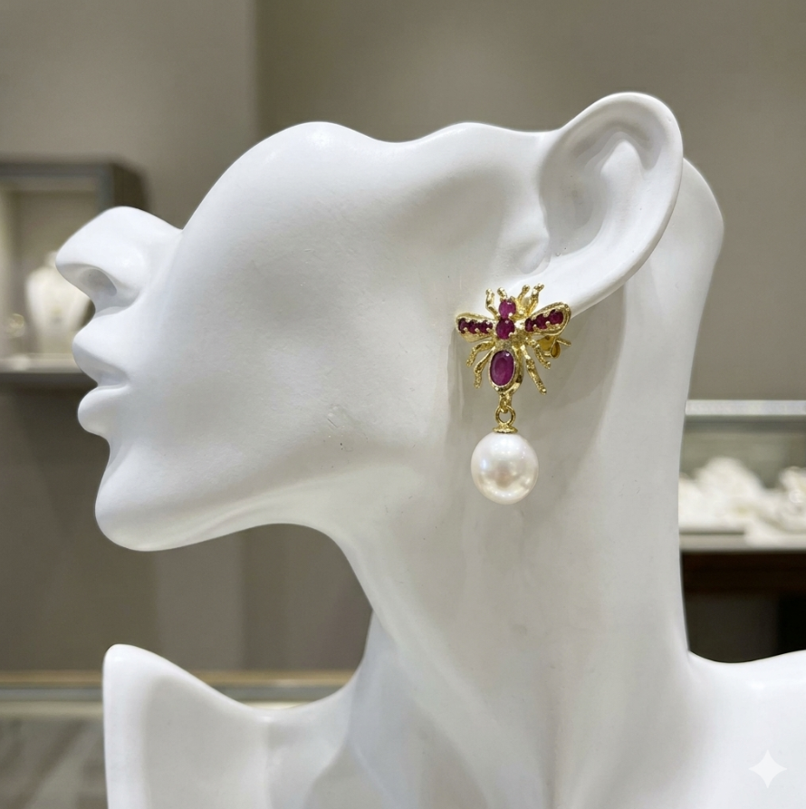 14K Yellow Gold Plated 925 Silver Myanmar Pearl Honeybee Ruby Earrings