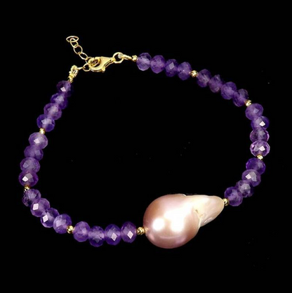 Natural Uruguay Amethyst & Large Baroque Pearl Bracelet, 14k Gold Plated 925 Sterling Silver, Faceted Purple Gemstone Statement Bracelet, Gift for Her