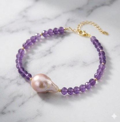 Natural Uruguay Amethyst & Large Baroque Pearl Bracelet, 14k Gold Plated 925 Sterling Silver, Faceted Purple Gemstone Statement Bracelet, Gift for Her