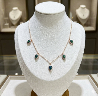 Natural Black Opal Station Necklace 14K Rose Gold Plated 925 Sterling Silver Halo Drop Pear Cut Fire Opal, Size 18