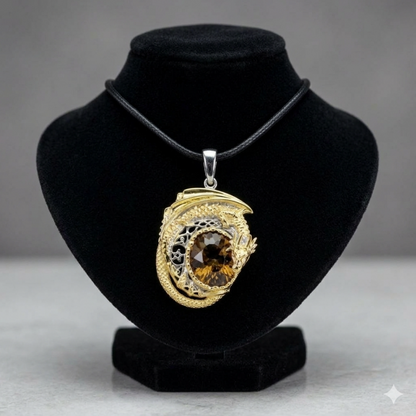 Mythical Dragon's Heart Natural Cognac Quartz Statement Pendant (14k Two-Tone Gold over 925 Sterling Silver)