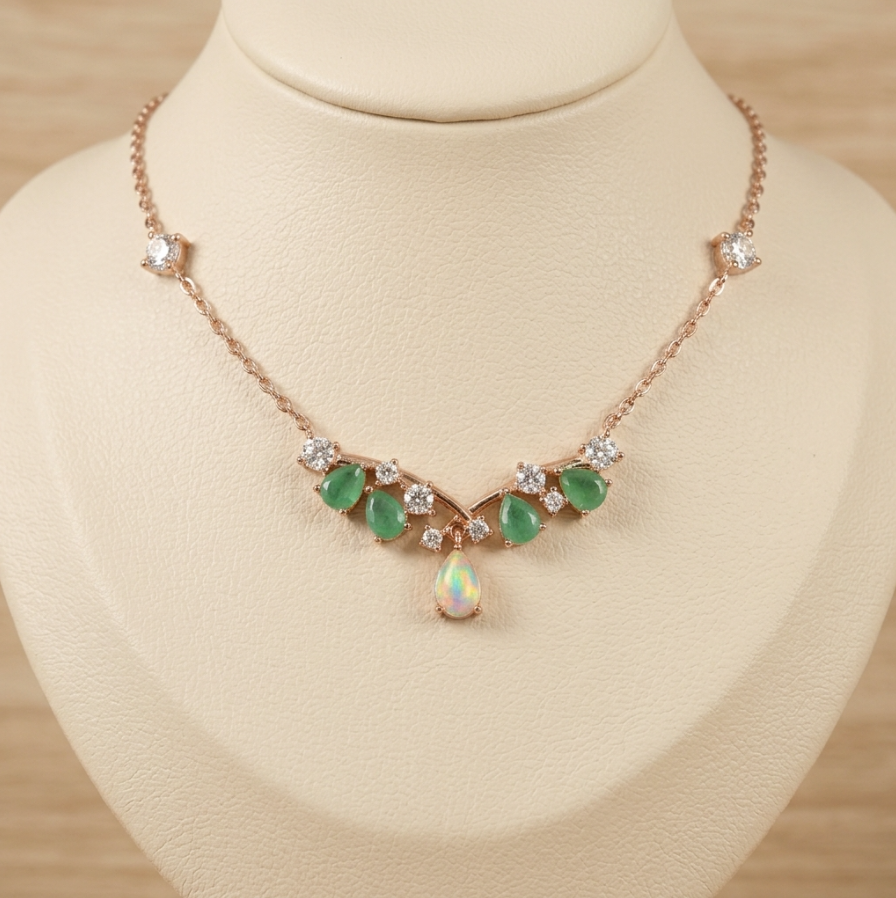 Natural Ethiopian Fire Opal &amp; Emerald Chevron Drop Necklace (14K Rose Gold over .925 Silver)