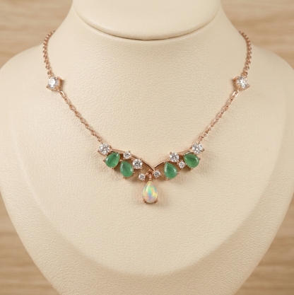 Natural Ethiopian Fire Opal &amp; Emerald Chevron Drop Necklace (14K Rose Gold over .925 Silver)