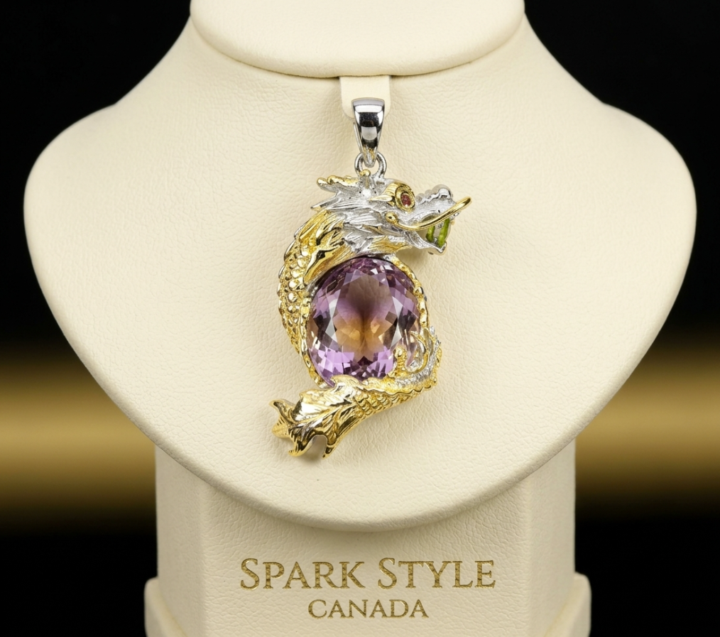 The Imperial Dragon Natural Brazilian Ametrine Talisman Pendant (14K Two-Tone Gold over .925 Silver)
