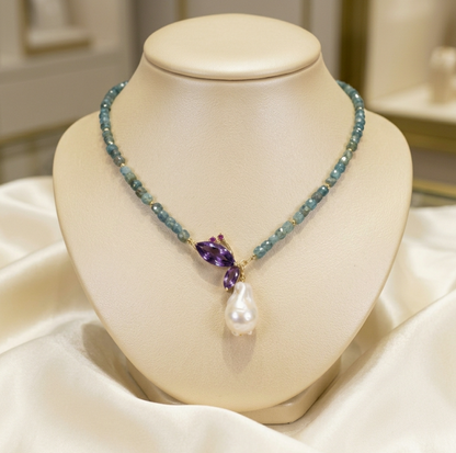 Ocean Mist & Twilight Flora Necklace – Natural Aquamarine, Uruguayan Amethyst & 20mm Baroque Flame Pearl Pendant (.925 Sterling Silver / 14K Gold Finish)