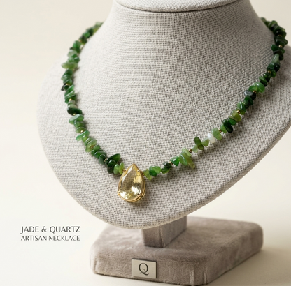 Natural Lemon Quartz & Green Jade Statement Necklace (14K Gold Over 925 Sterling Silver)