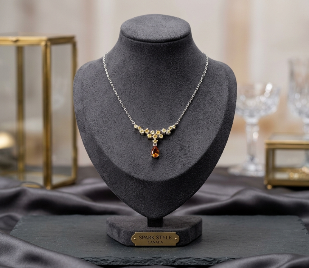 Brazilian Citrine & Multi-Tone Sapphire Cascade Necklace – Pear Cut Unheated Gems in 14K White Gold over .925 Sterling Silver