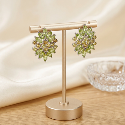 Pakistani Peridot & Golden Sapphire Starburst Stud Earrings – Unheated Marquise Gems in 14K White Gold over .925 Sterling Silver