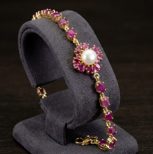 Natural African Ruby & Pearl Statement Link Bracelet – 14K Gold Over 925 Sterling Silver