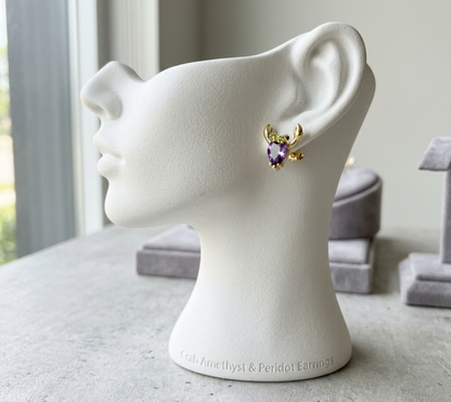 Artisan Amethyst & Chrome Diopside Golden Crab Stud Earrings in .925 Silver
