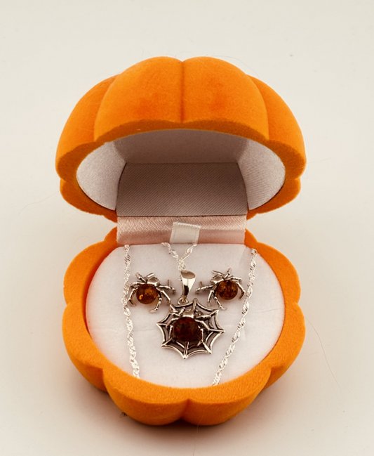 Baltic Amber Pendant & Earrings Set in a Gift Box - Spider on Web