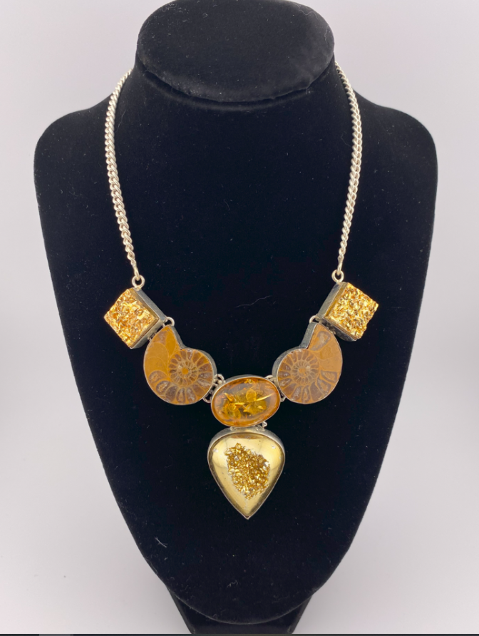 N0006 - Ammonite and Titanium Druzy Necklace 19"