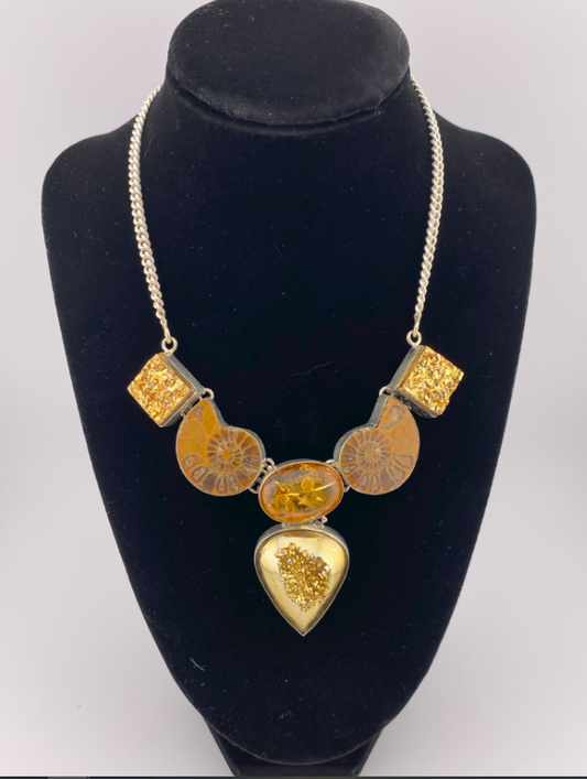 N0006 - Ammonite and Titanium Druzy Necklace 19"