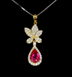 Surface Coated Pear Pink Topaz 8x5mm Simulated Cz925 Sterling Silver Necklace